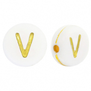 Abalorios letras acr&iacute;licas V Blanco-dorado