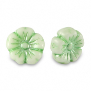 Abalorios Checos flor 9mm Verde pálido metálico-blanco