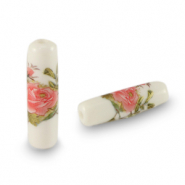Abalorios de cristal tubo flor Blanco-rosa roja