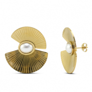 Pendientes Acero Inox abanico con imitaci&oacute;n de perlas Dorado