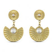 Pendientes Acero Inox abanico con imitaci&oacute;n de perlas Dorado