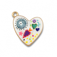 colgantes met&aacute;licos con esmalte coraz&oacute;n Blanco-multicolor-dorado