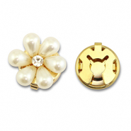 Cubrebotones de lat&oacute;n Eco-brass&reg; perlas flor Dorado-blanco-cristal