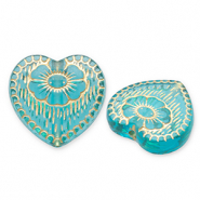 Abalorios acr&iacute;licos coraz&oacute;n con flor Azul verdoso-dorado