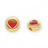 Abalorios met&aacute;licos DQ redondos con coraz&oacute;n Dorado-glitter rojo (sin n&iacute;quel)
