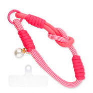 Cord&oacute;n para m&oacute;vil trendy con perla incl. parche de sujeci&oacute;n Rosa ne&oacute;n-blanco-blanco marfil