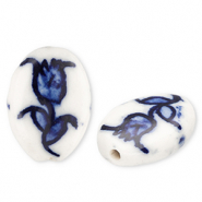 Abalorios de cer&aacute;mica &oacute;valo con tulip&aacute;n Blancuzco-azul Delfts