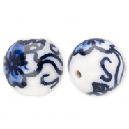 Abalorios de cer&aacute;mica 12mm con flor Blancuzco-azul Delfts