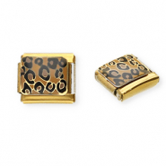 Acero Inox link-eslab&oacute;n para pulsera italiana con dijes Acero Inox estampado leopardo Dorado-marr&oacute;n claro-negro
