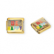 Acero Inox link-eslab&oacute;n para pulsera italiana con dijes Acero Inox "Be happy" Dorado-multicolor