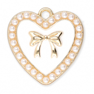 Colgantes met&aacute;licos coraz&oacute;n con perlas y lazo Dorado-blanco