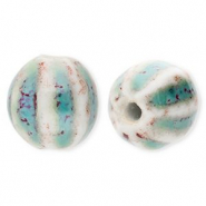 Abalorios de cerámica 11mm con rayas Azul verdoso-blancuzco-puerto rojo