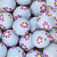 Abalorios de silicona 18mm redondos con flores pintadas a mano Azul claro-púrpura-amarillo