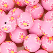 Abalorios de silicona 18mm redondos con flores pintadas a mano Púrpura orquídea-rosa néon-amarillo