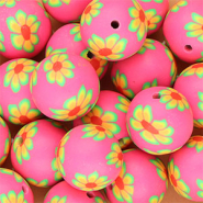 Abalorios de silicona 18mm redondos con flores pintadas a mano Rosa néon-verde-naranja-rojo