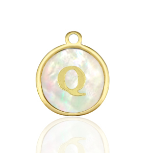 Colgantes Acero Inox 12mm concha letra Q Blanco (color natural)-dorado