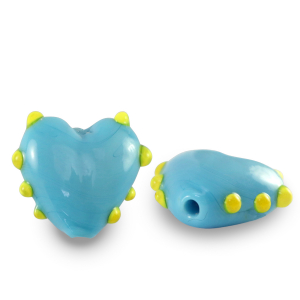 Abalorios de cristal pintados a mano coraz&oacute;n lunares Azul cyan-amarillo
