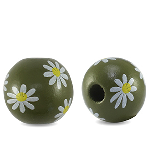 Abalorios de madera redondos 16mm flor Verde oliva
