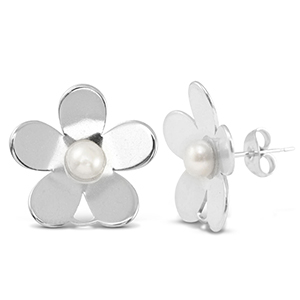 Pendientes Acero Inox perlas flor con anilla Plateado