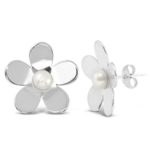 Pendientes Acero Inox perlas flor Plateado
