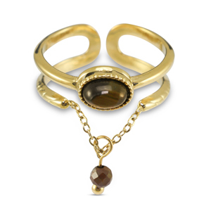 Anillos Acero Inox con piedra natural Dorado-marr&oacute;n dorado