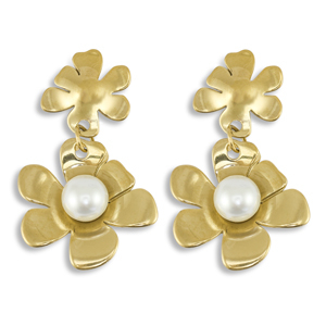 Pendientes Acero Inox flor con imitaci&oacute;n de perlas Dorado