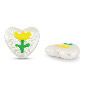 Abalorios acr&iacute;licos coraz&oacute;n con flor Perla-amarillo-verde