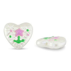 Abalorios acr&iacute;licos coraz&oacute;n con flor Perla-lila rosa-verde