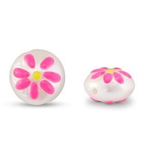 Abalorios acr&iacute;licos redondos con flor Perla-rosa-amarillo
