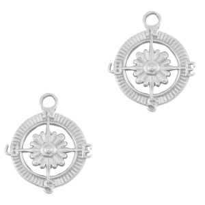 Colgantes Acero Inox br&uacute;jula con flor Plata