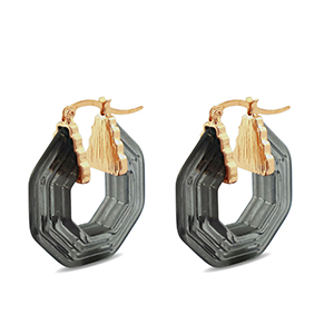 Pendientes trendy en resina hex&aacute;gon Dorado-transparente negro