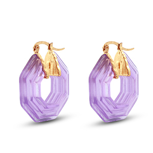 Pendientes trendy en resina hex&aacute;gon Dorado-transparente p&uacute;rpura