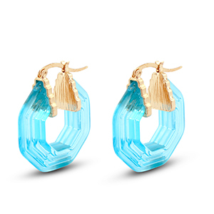 Pendientes trendy en resina hex&aacute;gon Dorado-transparente azul turqueza