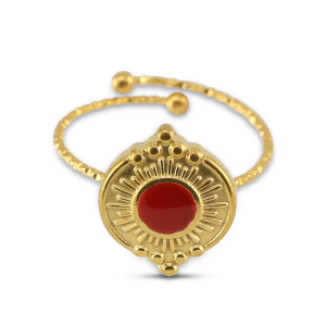 Anillos Acero Inox esmalte redondos Dorado-rojo cereza