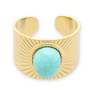 Anillos Acero Inox con imitaci&oacute;n de piedra natural Dorado-turquesa