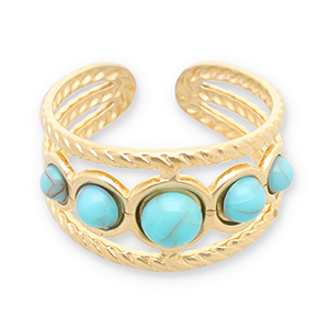 Anillos Acero Inox con imitaci&oacute;n de piedra natural Dorado-turquesa