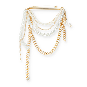 Broches llamativos barra con cadena y perlas Dorado-blanco