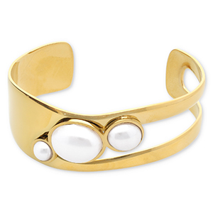 Pulseras Acero Inox bangle con imitaci&oacute;n de perlas Dorado-blanco