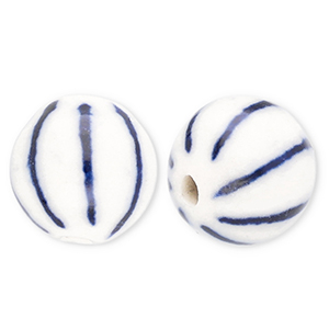 Abalorios de cer&aacute;mica 10mm con rayas Blancuzco-azul Delfts