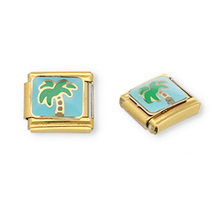 Acero Inox link-eslab&oacute;n para pulsera italiana con dijes Acero Inox palmera Dorado-azul claro-verde