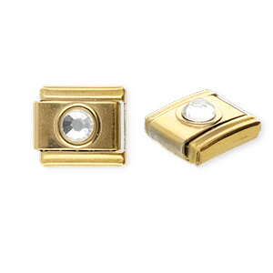 Acero Inox link-eslab&oacute;n para pulsera italiana con dijes Acero Inox redondos con strass Dorado-cristal