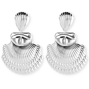 Pendientes llamativos concha con efecto acanalado y perno de acero inox Plateado
