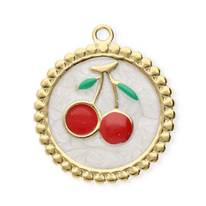 Colgantes Acero Inox redondos con cerezas Dorado-blanco nacar-rojo-verde