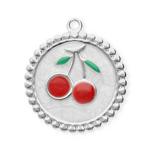Colgantes Acero Inox redondos con cerezas Plateado-blanco nacar-rojo-verde