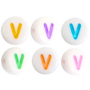 Abalorios alfabeto acr&iacute;lico letra V multicolor-blanco